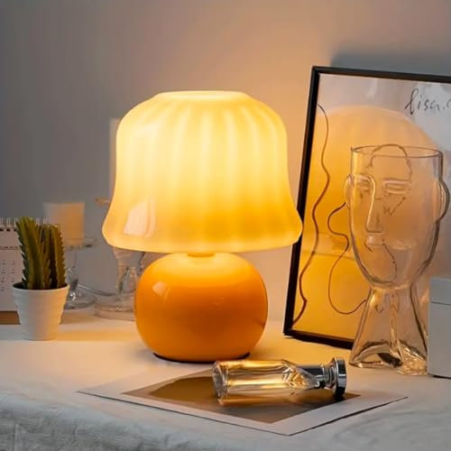 LED Pilz Tischlampe Orange Mushroom Lamp Glas Tischleuchte Retro Nachttischlampe mit Kabel 3000K/4500K/6000K Pilz Lampe Nachtlicht Deko Vintage Schreibtischlampe für Wohnzimmer Schlafzimmer BüRo