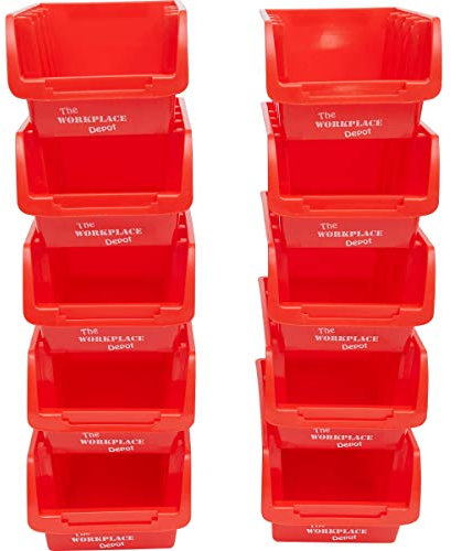 The Workplace Depot Plastic Picking Bins, Semi Open Fronted Stackable Parts Storage Pick Containers (Red)