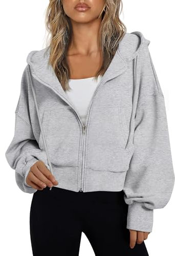 Jhsnjnr Hoodies For Women Uk Lightweight Long Sleeve Crop Tops Jacket Casual Drawstring Zip Up Sweatshirt Grey