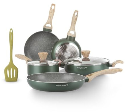 KASANOVA Batteria pentole Cooking Therapy, Set pentole induzione e padelle antiaderenti con paletta, Set cucina completo con scritta al laser e manici effetto legno (8)