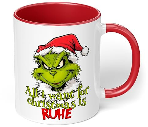 Lustige Kaffeetasse „Alll I want for Christmas is Ruhe“ – witzige Grinch Figur Geschenkidee für Weihnachten - lustige Tasse - Keramik, ca. 330ml, Rot