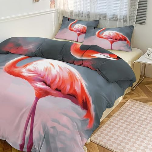 FZQVSWTX Parure de lit 3 pièces avec housse de couette douce et respirante 105 g, tissu brossé avec fermeture éclair, imprimé flamant rose, 1 housse de couette 259 x 228 cm, 2 taies d'oreiller