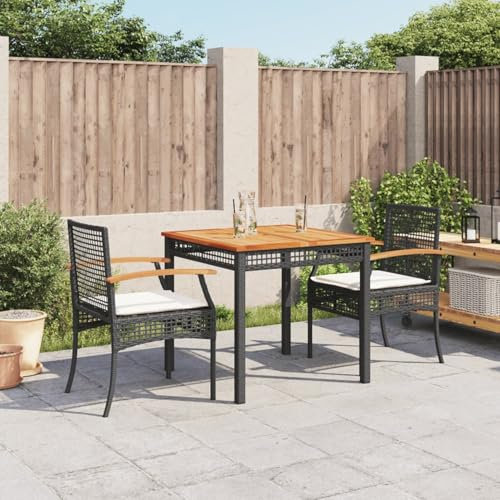 Xichuzi 3-TLG. Garten-Essgruppe mit Kissen Schwarz Poly Rattan, Esstisch Mit Stühlen Set, Gartenmöbel Sitzgruppe, Balkon Möbel, Gartenlounge Set, Terrassenmöbel, Balkonmöbel Set - 3213560
