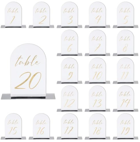 PATIKIL Wedding Table Number 1-20, 6x4 Acrylic Display Signs and Holders for Wedding Receptions with Stand Parties Events Centerpiece, Double-Sided Mirror Background Gold Text
