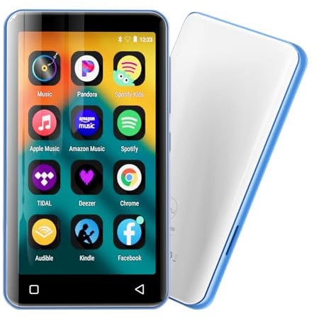 innioasis 80Go Lecteur MP3 avec Bluetooth et WiFi, Lecteur de Musique Mp3 et Mp4 ave Spotify,Spotify Kids, Tidal, Deezer, Lecteur Vidéo à écran Tactile 4 Pouces 1080P（Blanc+Bleu）