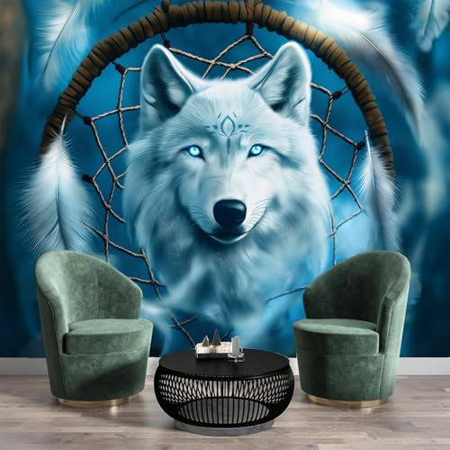 3D Fototapete Traumfänger, 150 x 105 cm (B x H) Seidenstoff Tapeten,Moderne Blaue Augen Weißer Wolf Wandtapete Wohnzimmer Schlafzimmer für Wohnzimmer, Küche, Wandkunst