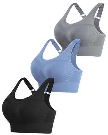 Litherday Sport BH Damen Starker Halt Push Up Sports Bra Sportunterwäsche für Damen Ohne Buegel mit Abnehmbar Gepolstert für Fitness Jogging Yoga Schwarz+Grau+Dunst blau XXL