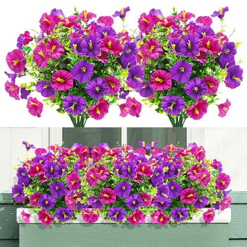 Yueshop 4 Bundles Artificial Flowers Outdoor, Fake Silk Flowers Faux Plants | Artificial Plants Outdoor, Realistic & UV Resistant Fake Plants Morning Glory Plastic Flowers, Garden Window Box Porch Decor