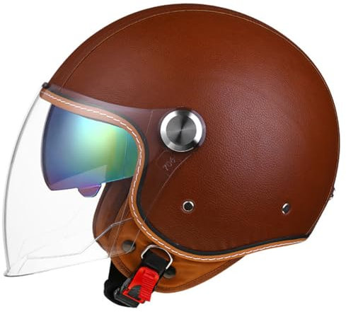 Klassische Retro Open Face Helme Erwachsene Unisex Roller Moped Motorrad Doppelvisier Helm Leder DOT ABS Robuste Sicherheit Crashproof Belüftung Geräuschreduzierung Braun L