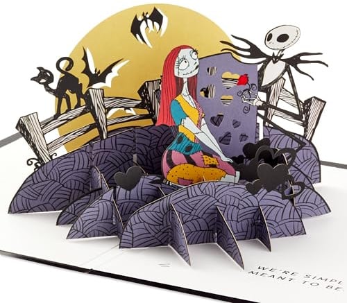 Hallmark 3D & Pop Up Greeting Card, The Nightmare Before Christmas, Jack Skellington & Sally, Birthday, Anniversary, Valentines Day, Black, Purple, Yellow