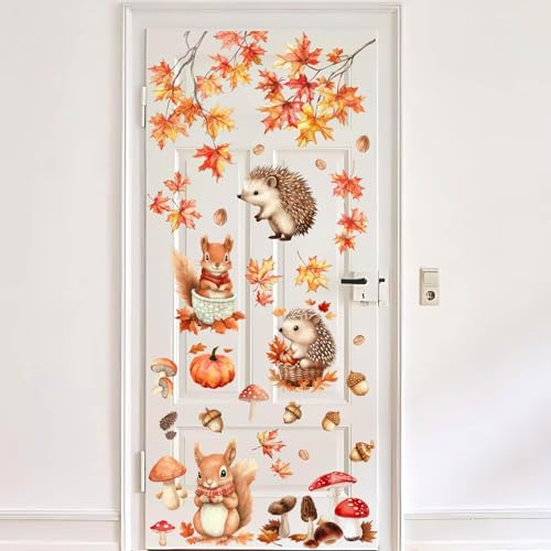 CREATCABIN 2 Blatt Herbst Fensteraufkleber Herbst Türaufkleber Blätter Igel Pilz Tannenzapfen Eichhörnchen PVC Wasserdicht Selbstklebend Dekor Für Schlafzimmer Ladentür 30x90cm
