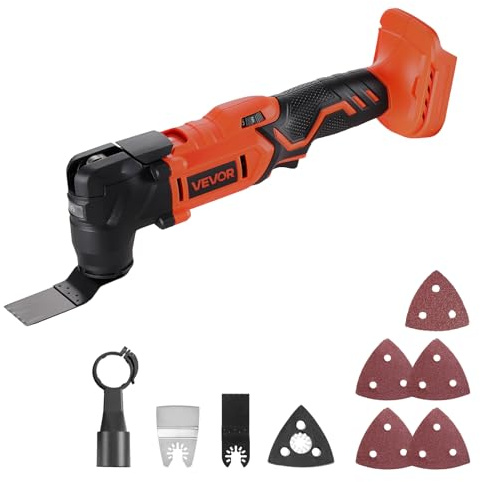 VEVOR Outil Multifonction Oscillant Sans Fil 20 V avec 6 Vitesses Variables 8500-17000 OPM, Angle Oscillation 3,2°, Accessoires de Scie, Lampe de Travail LED, pour Poncer, Couper, Batterie Non Incluse