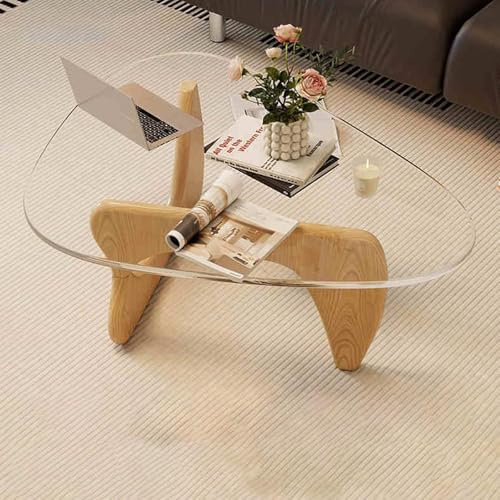 LCBDYLR Moderner Dreieckiger Glastisch, Couchtisch im Mid-Century-Stil mit Holzgestell, Minimalistischer Wohnzimmertisch oder Beistelltisch fürs Home Office E S