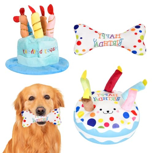 Alyxen Hund Geburtstag Spielzeug Set, Weiches Plüsch-Hundespielzeug, 3-Teilig mit Hut Weicher Plüschs Kuchen Knochen, Weiches Plüsch-Kauspielzeug für Kleine bis Mittel Große Hunde