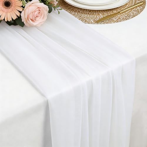 Tischläufer Weiß Chiffon, 77 X 300 cm Weich und Bequem Tischläufer für Boho Hochzeit, Party, Taufe Dekor, Babyparty, Brautparty Küche Tisch Dekoration