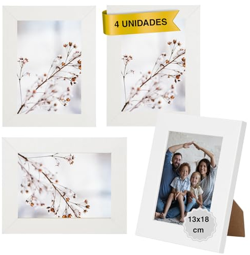 MARCOFOTO Marco de Fotos para Pared - Set de 4 Portafotos MDF con Cristal, uso vertical u horizontal - Decoración hogar u oficina, diplomas - Color Blanco 13x18 cm