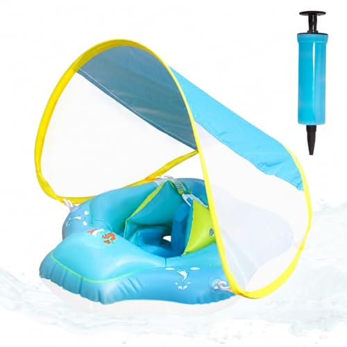 XIMEY Salvagente Neonato con Parasole, Baby Float Gonfiabile per Neonati 3-72 Mesi, Galleggiante Piscina con Cinture di Sicurezza & Camere d’Aria, Protezione UV per Mare e Piscina (I, L)