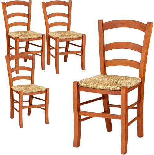 PALUPLUS 4 Sedie Paesana in Legno di colore CILIEGIO con Seduta in Paglia, Misura 43x42x87 cm, Sedia Tradizionale Robusta, per Casa, Cucina, Agriturismo, Ristorante, Made in Italy -F