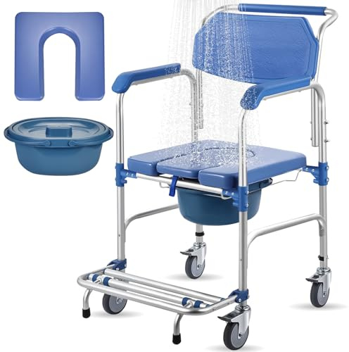 XDTIME 4-in-1 Rolling Shower Chair with Wheels, 150kg Weight Capacity, Toilet Commode Chair for Elderly and Disabled with Removable Bucket, Locking Brakes and Padded Seat