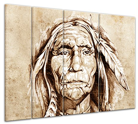 Bilderdepot24 Keilrahmenbild Indianer, Tattoo Art - 180x120 cm quer mehrteilig Keilrahmenbilder Bilder als Leinwanddruck Fotoleinwand Urban & Graphic - Amerika - Zeichnung eines Ureinwohners