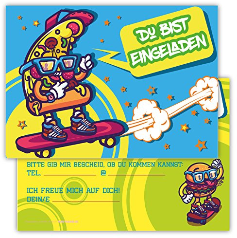 Partycards Einladungskarten Kindergeburtstag Mädchen Junge - 12 Karten - Skateboard Design - A6 - Leicht zu Beschriften - Geburtstagseinladungen für Mädchen und Jungen - Perfekt für Feiern