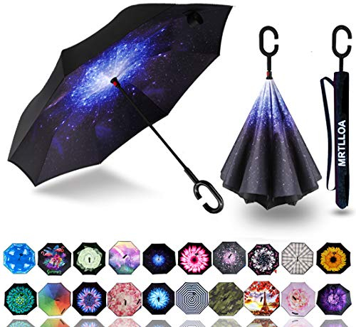 MRTLLOA Großer winddichter umgekehrter Regenschirm, C-förmiger Griff, doppellagig, für Herren, Damen und Kinder (Sternenhimmel, 124 cm)