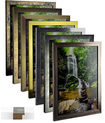 myposterframe Bilderrahmen Vintage Juno 21 x 29,7 cm Holz MDF Größenwahl DIN A4 29,7 x 21 cm Farbwahl hier: Blau Gold meliert mit Kunstglas klar 1 mm