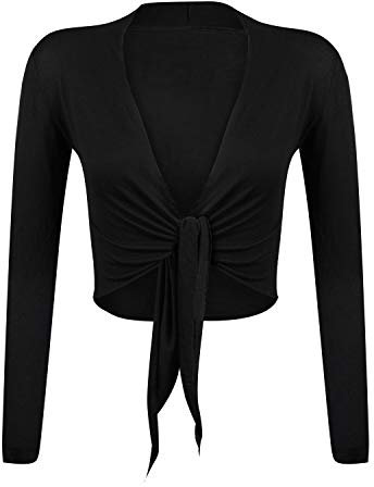 Gloop Damen Schöne, Elegante Bolero Jäckchen Langarm Bolero zum Knoten, Schwarz,L/XL