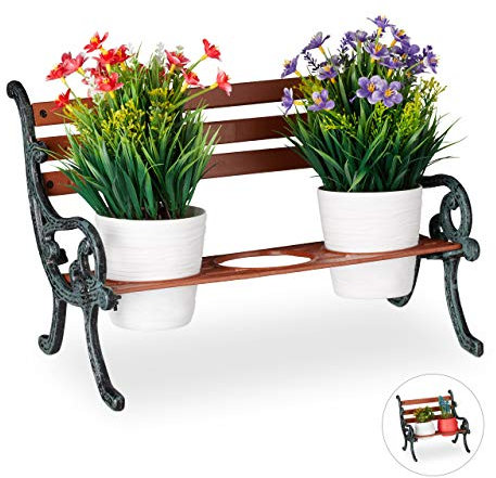 Relaxdays Mini Supporto per Fiori, Ghisa e Legno, Panchetta per 3 Vasi, Vintage, Giardino, Ø 9 cm, Verde Scuro-Marrone