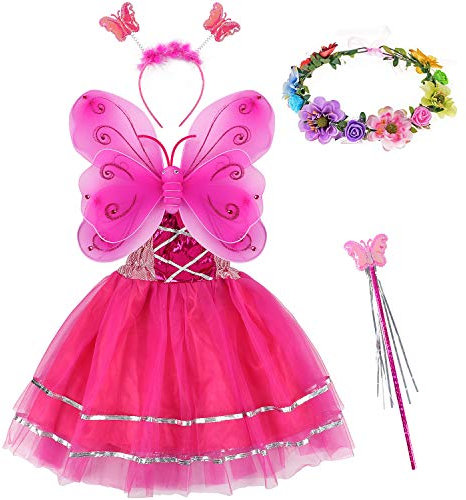Tacobear Déguisement Fée Enfant Fille Robe Papillon avec Ailes de Fée Couronne de Fleurs Serre-tête Baguette Magique Costume Carnaval Deguisement pour Halloween Noël (Rose foncé)
