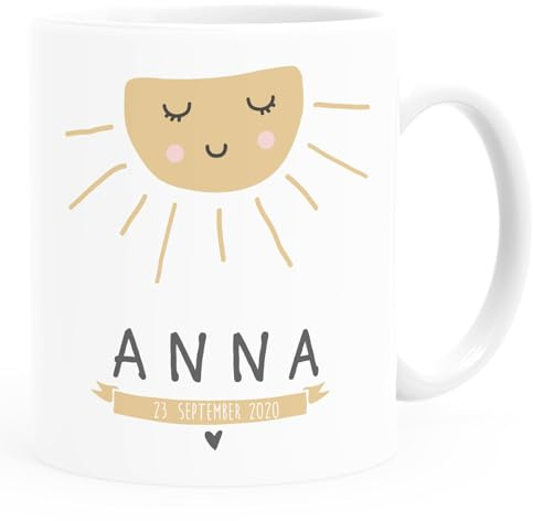 SpecialMe® Kindertasse Kunststoff Geburtstag Wolke Sonne personalisierte Namenstasse für Kinder Name Datum Mädchen Weiss Kunstoff-Tasse