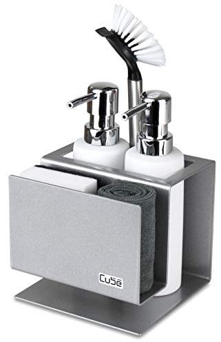 enjoy design Cube Spülbecken Organizer Set Made in Germany: Prämierter Küchenorganizer inkl. Seifenspender & Spülbürste – Edler & Praktischer Spülorganizer für eine Aufgeräumte Küche – Spülset Silber