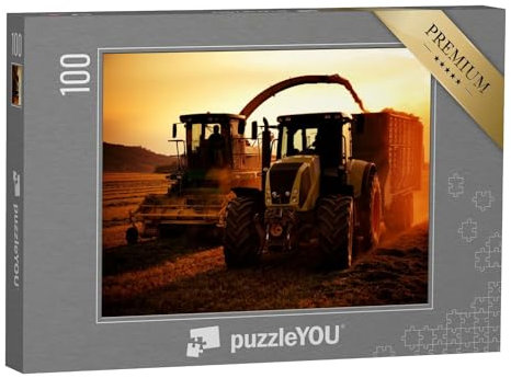 puzzleYOU: Puzzle 100 Teile „Traktoren auf einem Acker bei Sonnenuntergang“ – aus der Puzzle-Kollektion Traktoren, Landwirtschaft
