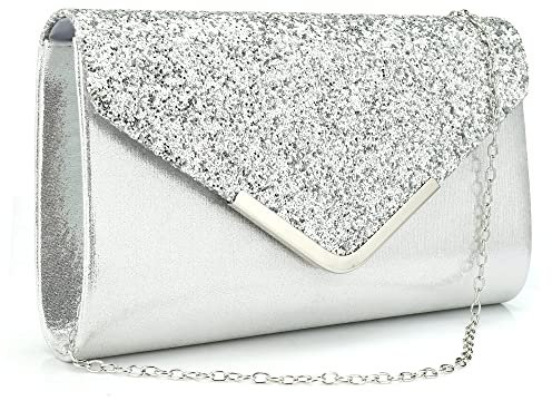 Milchstraße Damen Umschlag Clutch Tasche Pailletten Abend Handtasche Geldbörse mit abnehmbarer Kette Silber