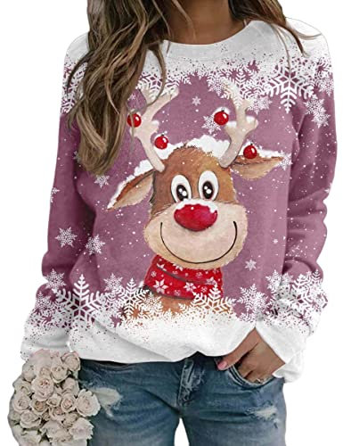 Yesgirl Pull Noël Femme Manches Longues Col Rond Rigolo Noel Pull Christmas Moche Sweat Multicolore Imprimé Bonhomme de Neige Sweatshirt Grande Taille Pullover B Rose S