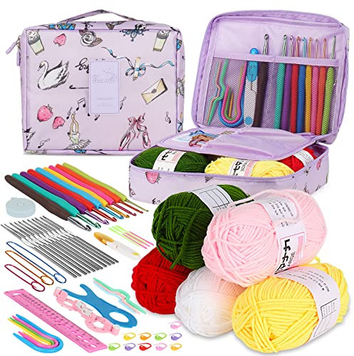 Aeelike 59 Stück Häkelnadel Set Lila Schwanensee Häkelset für Anfänger, Bunte Häkelnadeln mit Weichem Griff für Garn und wolle, 0,6 mm - 6,0 mm Ergonomische Häkelnadeln Set mit Häkeltasche, Zubehör