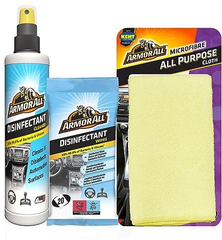 Armor All, Car Cleaning Disinfectant Bundle, Includes 20 Disinfectant Wipes 20ct, Disinfectant Spray and Microfibre Cloth, Eliminates 99.9% of bacteria and viruses, Multi-Surface Car Accessories