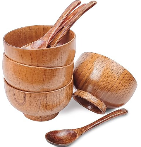 Originalidad Handmade Wood Bowls, Jujube Wooden Japanese Bowl with Matching Spoon for Rice, Soup, Dip, Salad, Tea, Decoration 4 Sets (4 Bowls 3.8 IN + 4 Spoons)