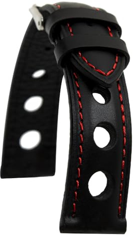 AIMVALUE Rally Racing Uhrenarmband aus schwarzem Leder mit roten Nähten, 18 mm, 19 mm, 20 mm, 21 mm, 22 mm, 24 mm, perforiert, Vintage, für Herren, gepolstert