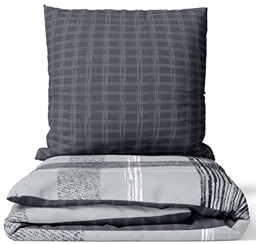 Leonado Vicenti Bettwäsche Baumwolle Grau Gestreift Set Schlafzimmer Garnitur Wendebettwäsche Streifen Bezug Decke mit Reißverschluss, 4teilig, 155x220 cm