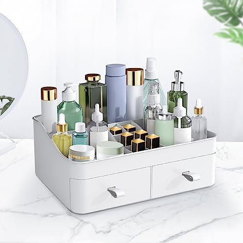 Olycism Make up Organizer Large Capacity Cosmetic Organisers Acrylic Storage Box Skincare Organiser with 2 Drawers Fits Jewelry Brushes Lipsticks Eyeshadow Lotions Nail P White