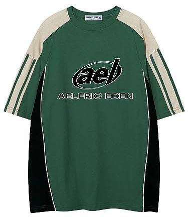 Aelfric Eden Herren Sommer Fußball Shirt Damen Oversized Rundhals Kurzarm Vintage Raglan Jersey Basic Tshirt mit Stripes Casual Oberteile Streetwear Grün, L