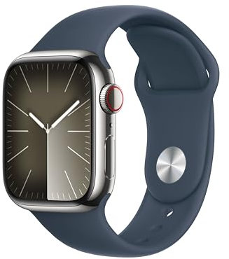 Apple Watch Series 9 (45 mm GPS + Cellular) Smartwatch avec boîtier en Acier Inoxydable Argent et Bracelet Sport Bleu Orage (M/L). Suivi de l’activité Physique, apps Oxygène sanguin et ECG