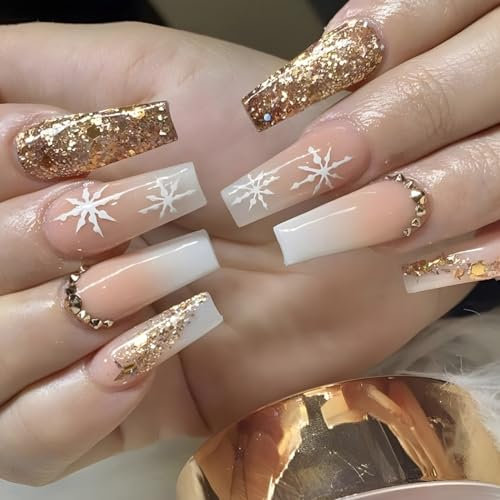 Brishow Weihnachten Künstliche Nägel zum Aufkleben Schnee Press on Nails Glitter Kurze Falsche Nägel Ballerina Acryl False Nails 24 Stück für Frauen und Mädchen (e)
