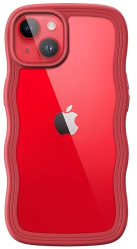 JETech Cute Case for iPhone 14 Plus 6.7-Inch, Wave Frame Curly Shape Shockproof Phone Cover for Women and Girls, Clear Hard PC Back (Red)