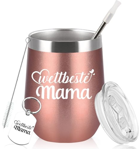 Diztoud Geschenke für Mama, Mama Geschenk Weihnachten Muttertag, Weltbeste Mama, Weihnachtsgeschenke Mutter, 12oz 350ml Doppelwandig Edelstahl Weinbecher mit Deckel und Strohhalm, Schlüsselanhänger