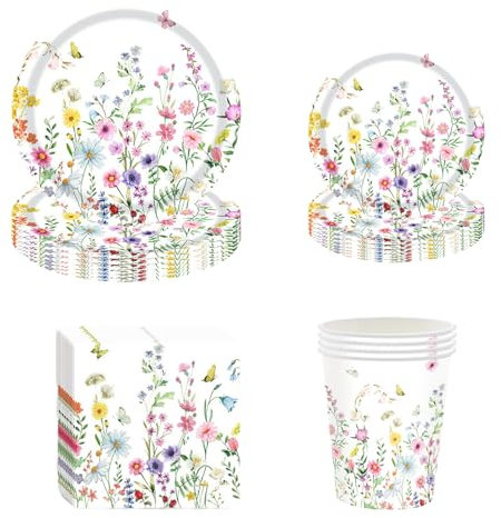 Fadcaer Party Tableware Set,68 Pcs Flower Party Plates Cups and Napkins Birthday Paper Plates Napkins Cups Set,Baby Shower Party Plates Napkins for Spring Picnic Wedding Party Supplies (Tableware)