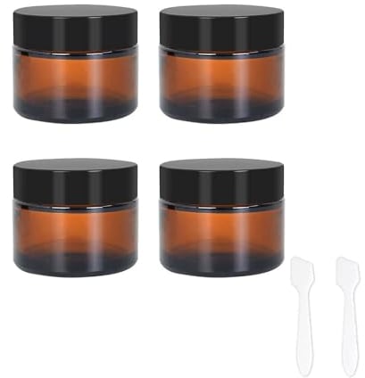MORICOH 4Pack 30ml Empty Plastic Cosmetic Jars, Refillable Cosmetic Face Cream Jar Bottle with 2pc spoon, for Face Creams, Sample, Make-Up (Amber)