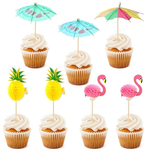 ALEGRE Flamingo Tortendeko,24 Stück Hawaii Deko Kuchen,Tropisch Cupcake Topper,Cocktail Schirmchen Cake Topper Geburtstag,Aloha Flamingo Kuchen Deko für Geburtstag Sommer Party Dekoration