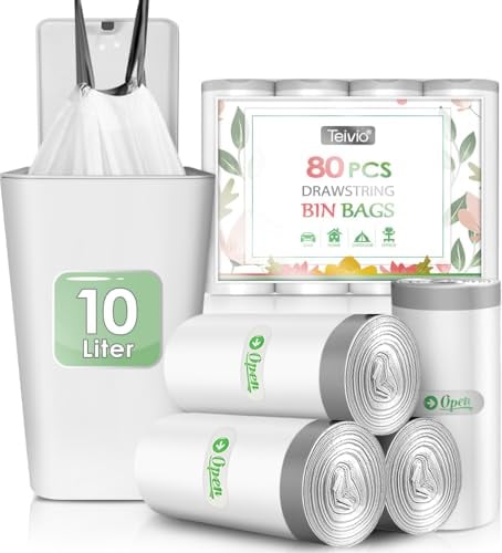 Teivio 10 Liter Small Bin Liners with Tie Tap, 80 Counts Strong Drawstring Pedal Bin Bags Fit 8-10L Trash Can, Waste Paper Bin Bags for Home Office Kitchen Bathroom Bedroom, White Toilet Rubbish Bag
